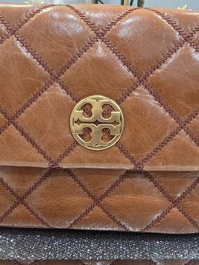 Tory Burch Quilted Cognac Leather Shoulder Bag with Gold Logo